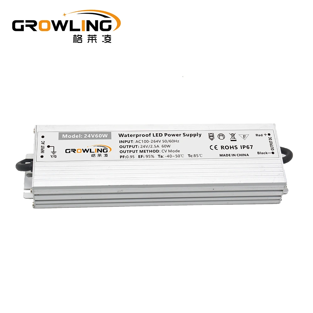 Growling constant voltage ip67 slim led driver dc 24v 2.5a 60w rope LED power supply for strip light