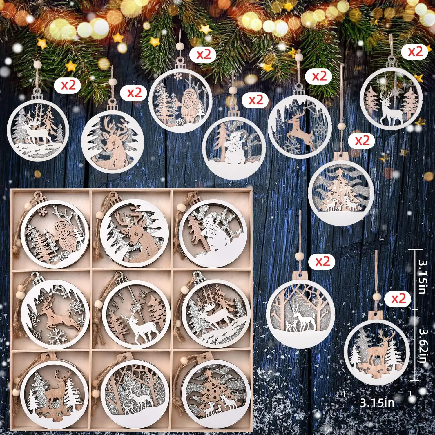 18 Christmas Decorations, Wooden Decorations, Winter Christmas Tree Decorations