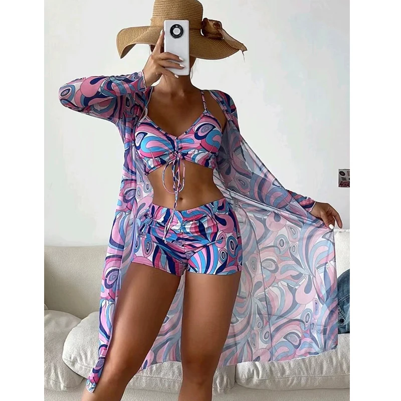 2024 Sexy Summer Mesh See Through Beach Wear Cover Ups Women Swimwear Swimsuit Beach Wear Cover Up Three Piece Bikini Set