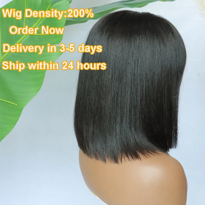 Best Selling Raw Indian Human Hair Wig 200% Density Transparent Lace Closure Bone Straight Glueless Bang Bob Wig