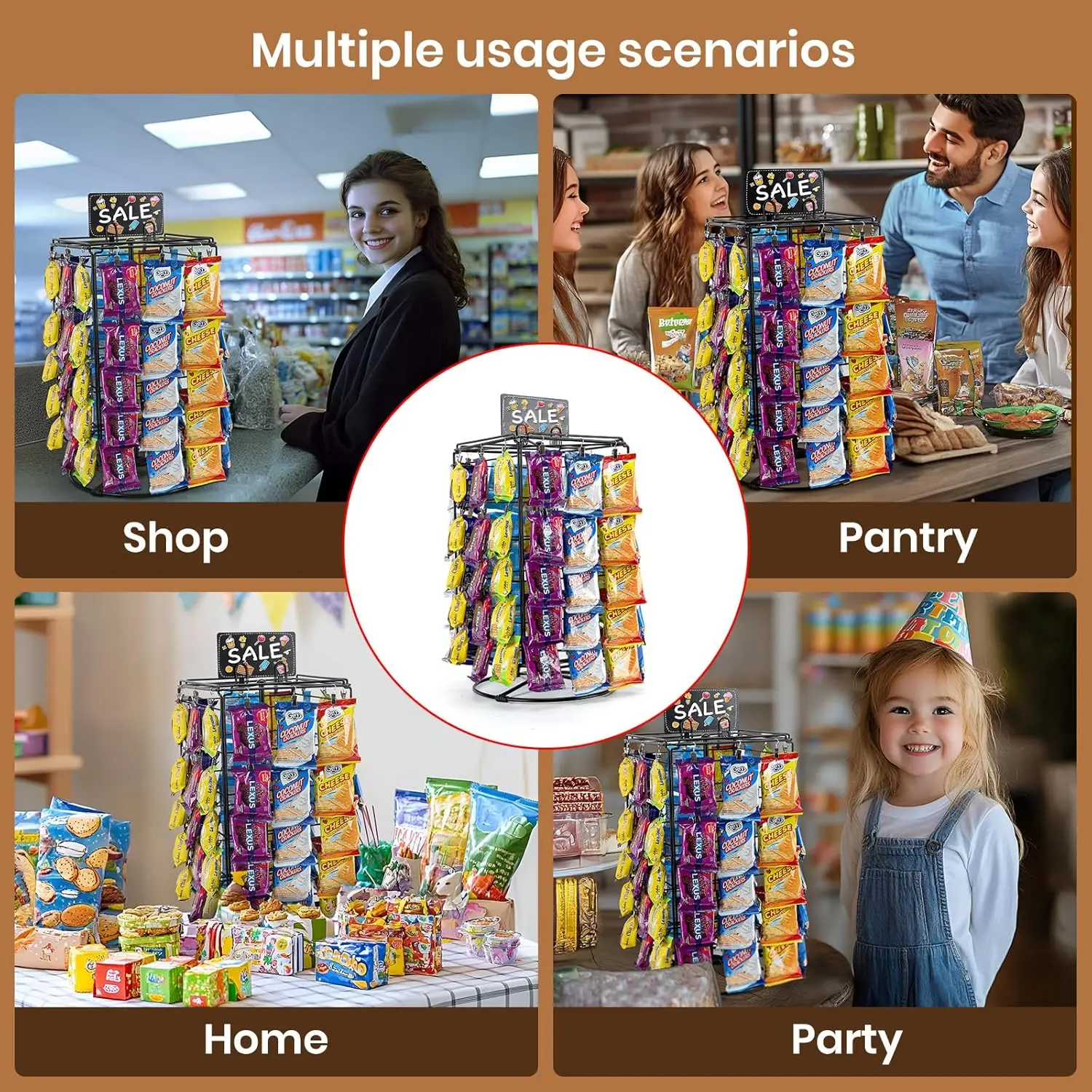 Chip Rack Display Stand, 60 Chips Snack Display Rack For Supermarket, Rotating Chips Display Shelf For Store,Promotional Rack