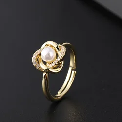 Light luxury retro fashion index finger ring geometric open tail 22K real gold plated pearl ring
