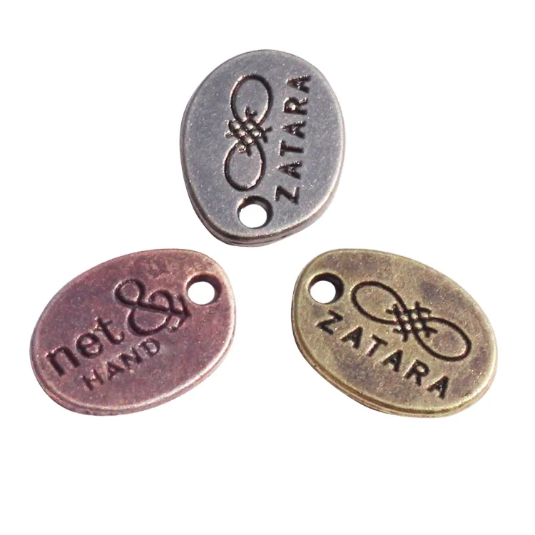 Oval shape engraved logo charms custom silver metal jewelry brand tags for bracelets