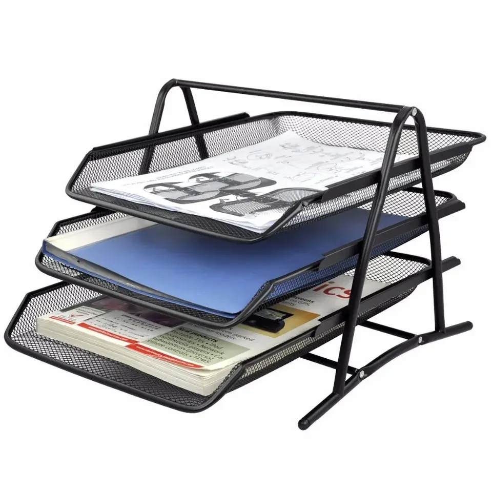 Strong Steel Black Silver Mesh Construction 3 Tier Stackable Desktop Document Letter Slide Tray Organizer for desk accessories