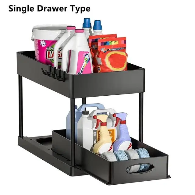 Kitchen Two-Layer Black Shelf Telescopic Sink Shelves Storage Rack