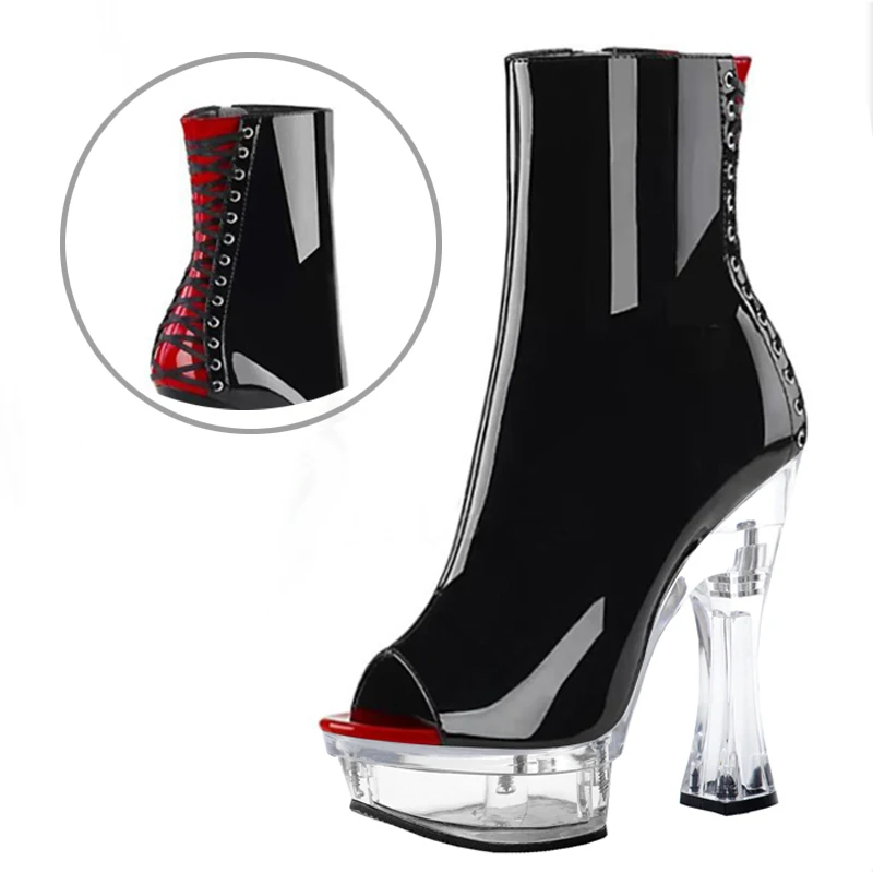 14cm back strap high-heeled PU leather boots ultra-high ankle Dance Shoes Sexy nightclub pole dance T-stage model walk show high