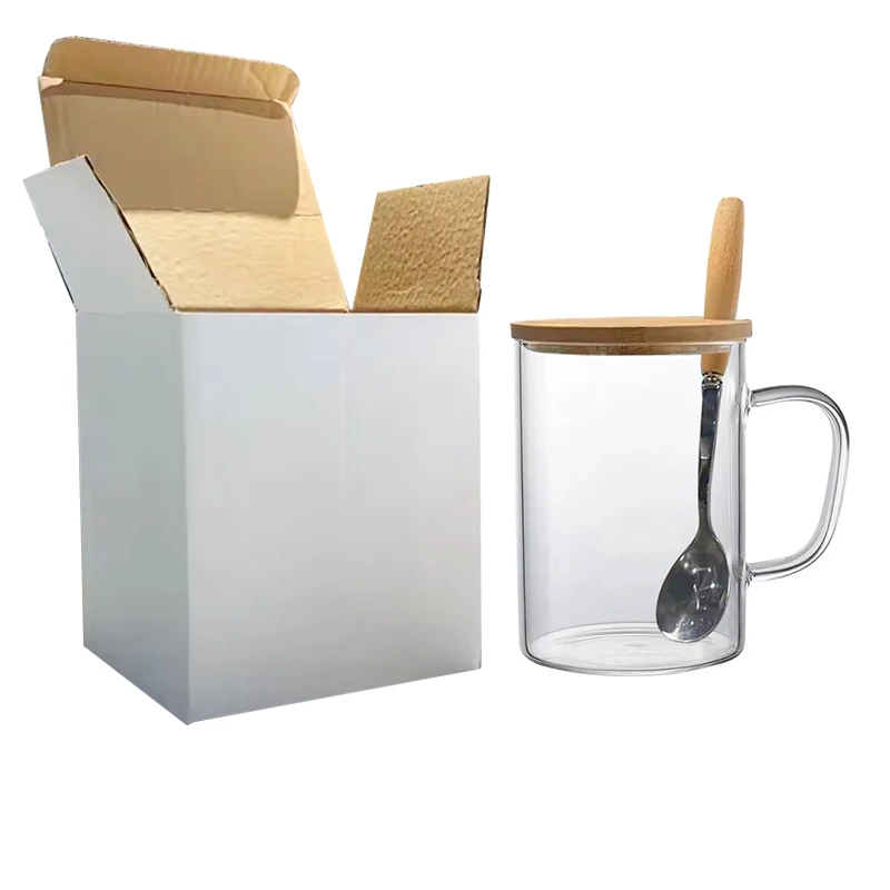 16oz Sublimation Glass Cup with Handle Blank Transparent Glass Mug with Bamboo Lid and Spoon Coffee Milk Juice Tea Cup