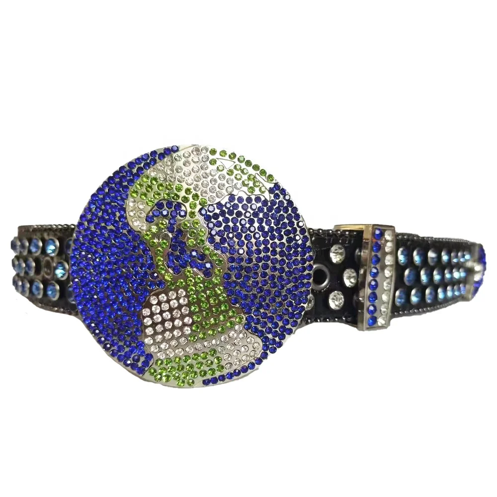 New Custom Punk Western Cowboy Cowgirl Belt for Men Women Bling Sparkly Silver Globe Rhinestone Leather PU With Alloy Buckle