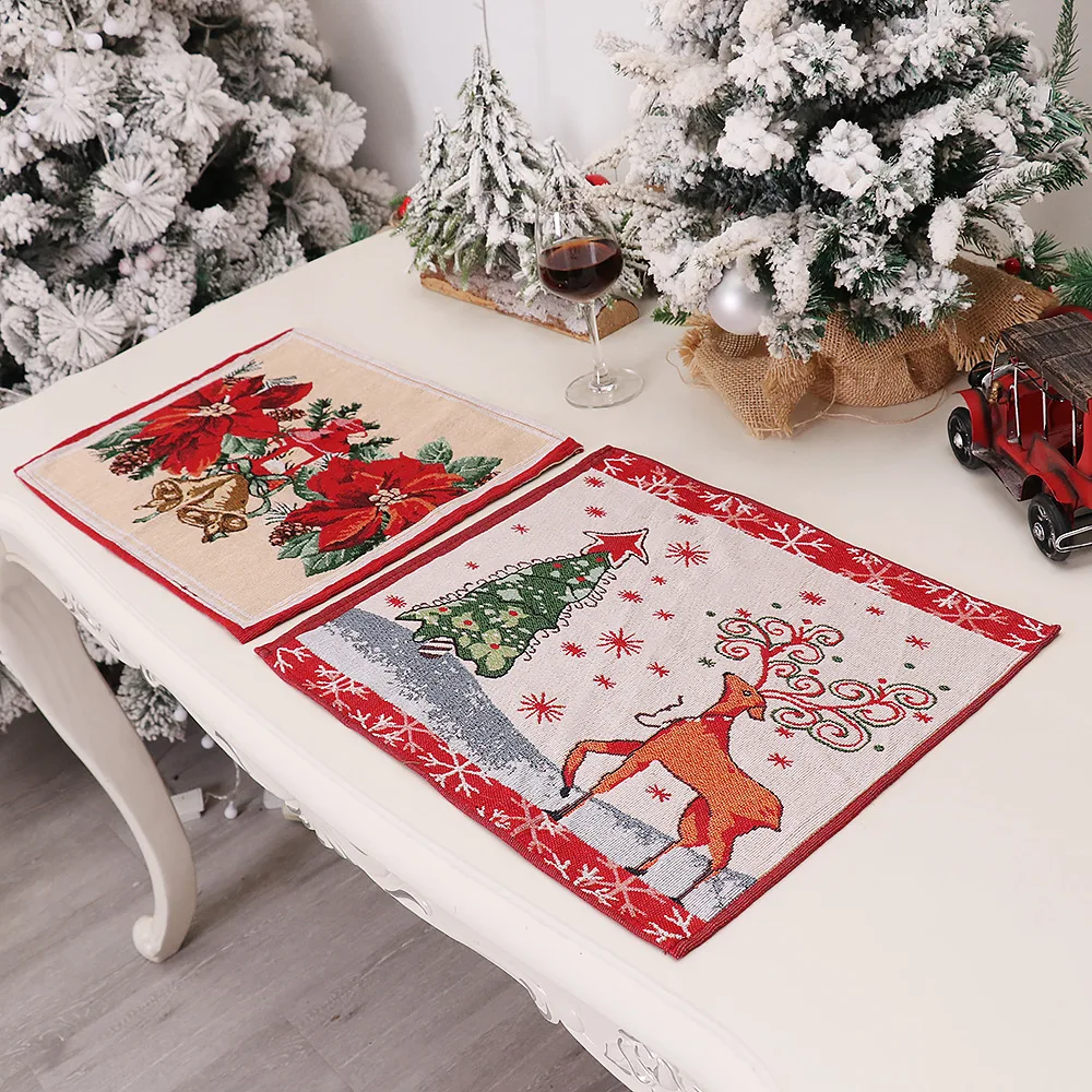 Forest Reindeer Vintage Christmas Eve White Snowflakes Holiday Season Decorative Woven Tapestry Placemats Christmas Table Mat