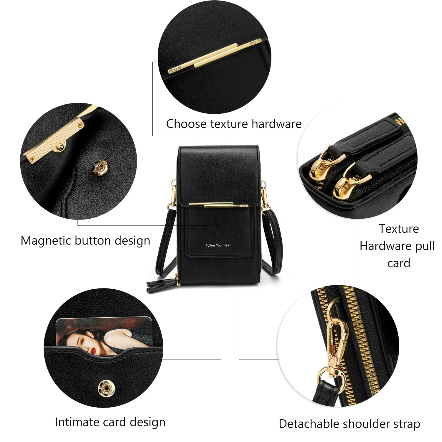 Solid Color Soft Pu Leather Double Layer Large Capacity Shoulder Messenger Phone Detachable Buckle Wallet Women Luxury Famous