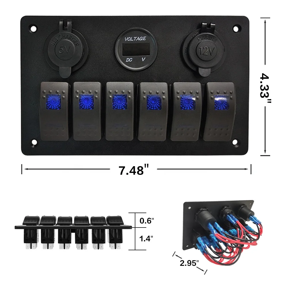  Amomd Car Marine Waterproof Combination Panel 6 Gang 12V Led Rocker Switch Voltmeter USB Charger Socket Cigar