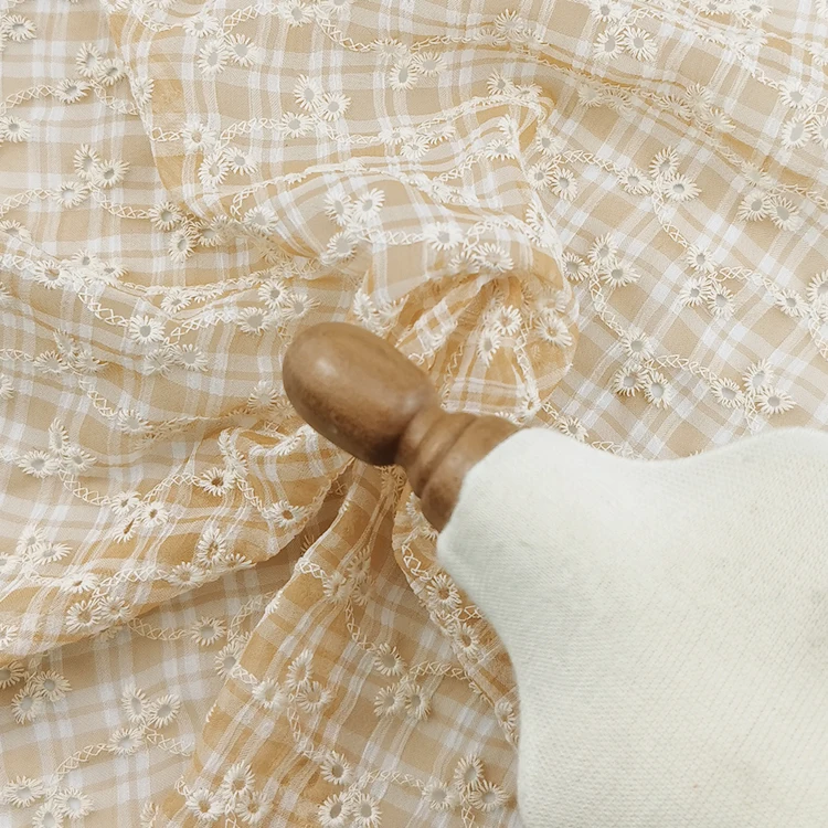 Kaiming polyester gingham eyelet flora embroidery multi color fabric