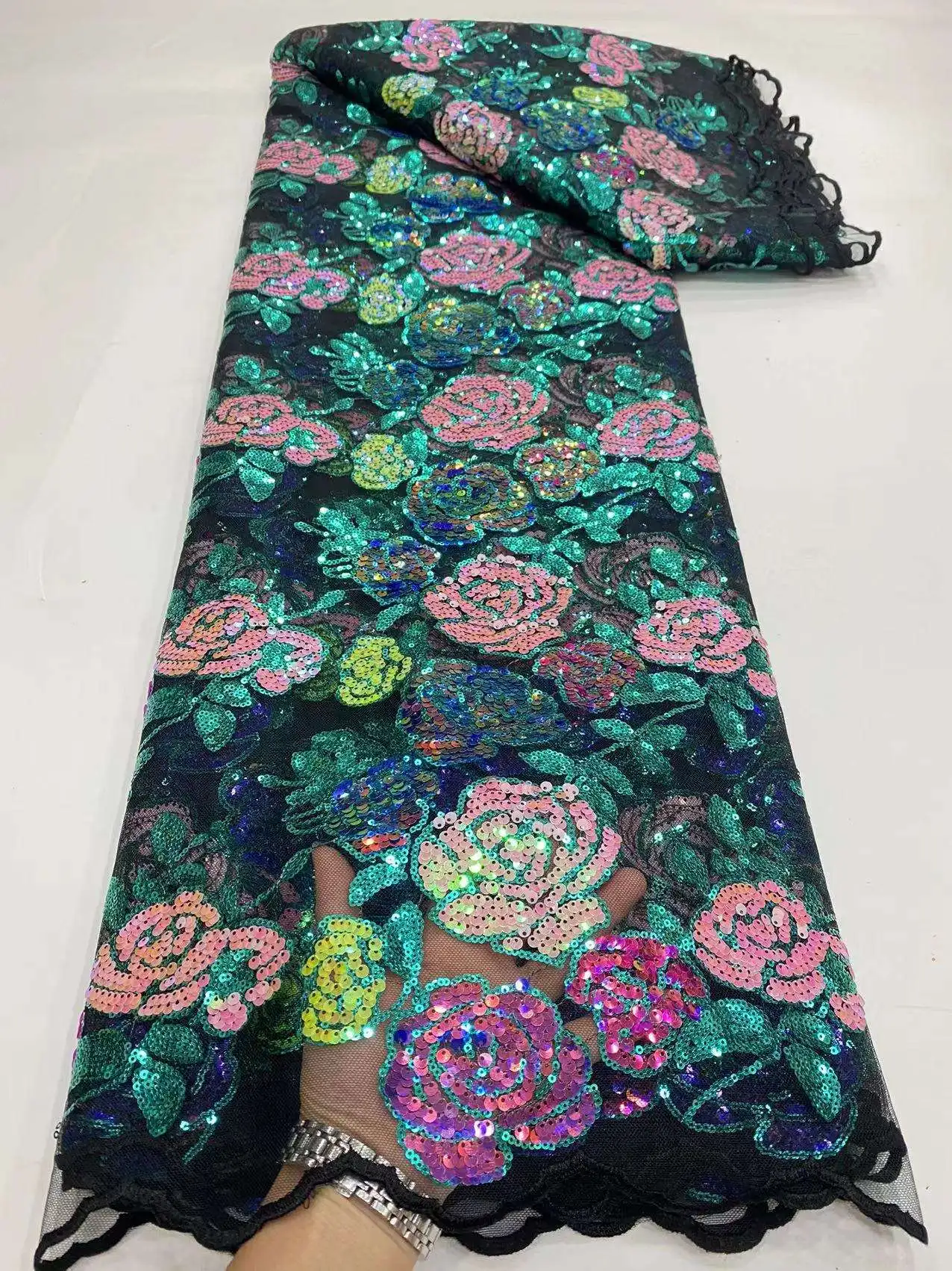 New Product Wholesale African sequin rose flower beads embroidered gauze lace fabric for dress