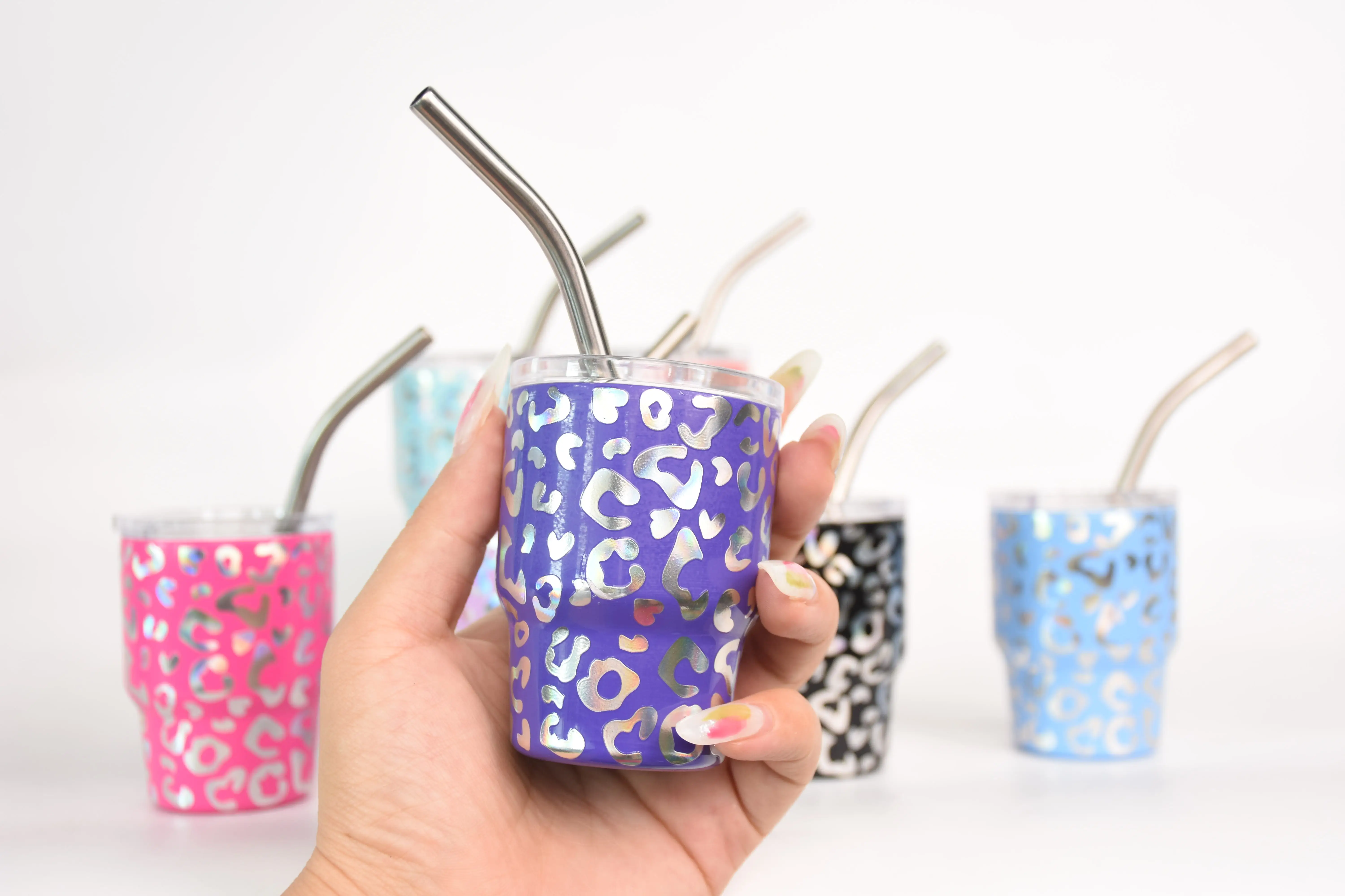 Leopard design new cute miniature small Mini Mugs 2oz leopard tumbler shot glass tumbler mini tumbler with ss straw