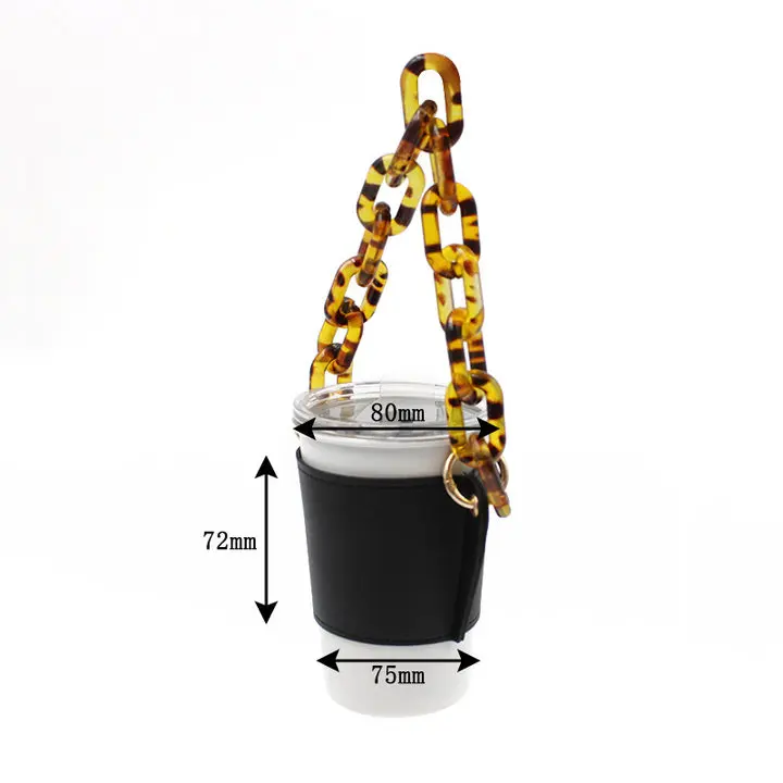 INS Style Fashion Eco Friendly Reusable PU Leather Coffee Cup Sleeve With Acrylic Chain