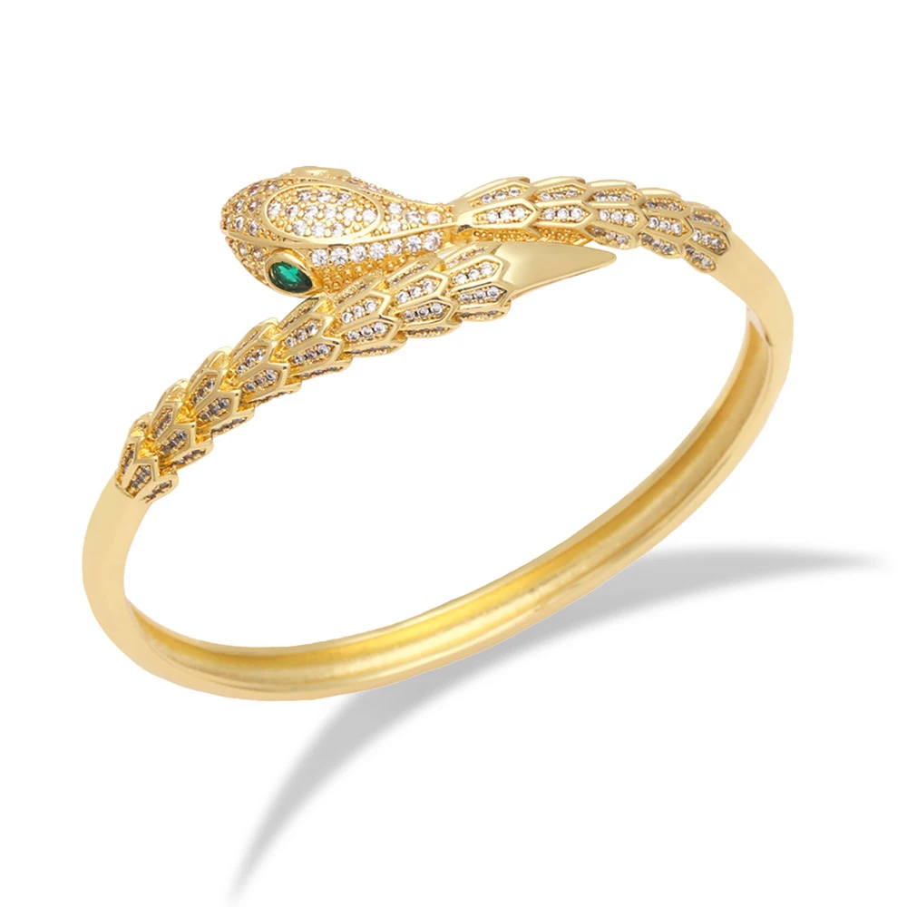 Gold Tone Copper Alloy Icing Zircon Green Snake Eye Snake Head Bangle Cuff Bracelet for Women