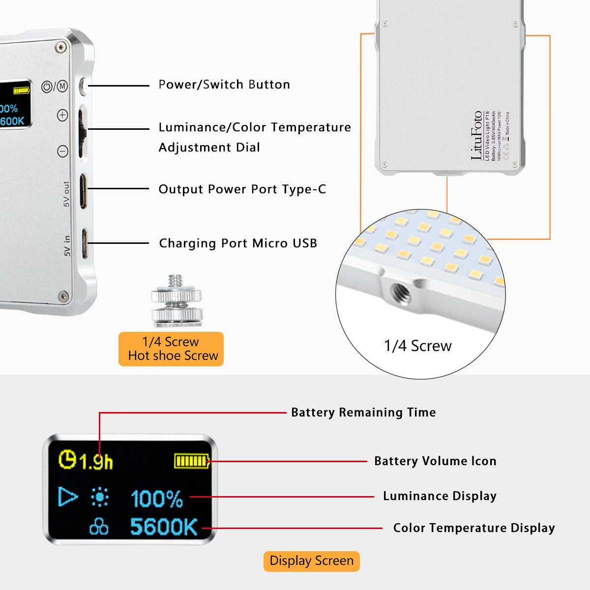 LituFoto F18 Professional Camera Light Bi-color Video Light with OLED Display 3200-5600K for Shooting  Photography