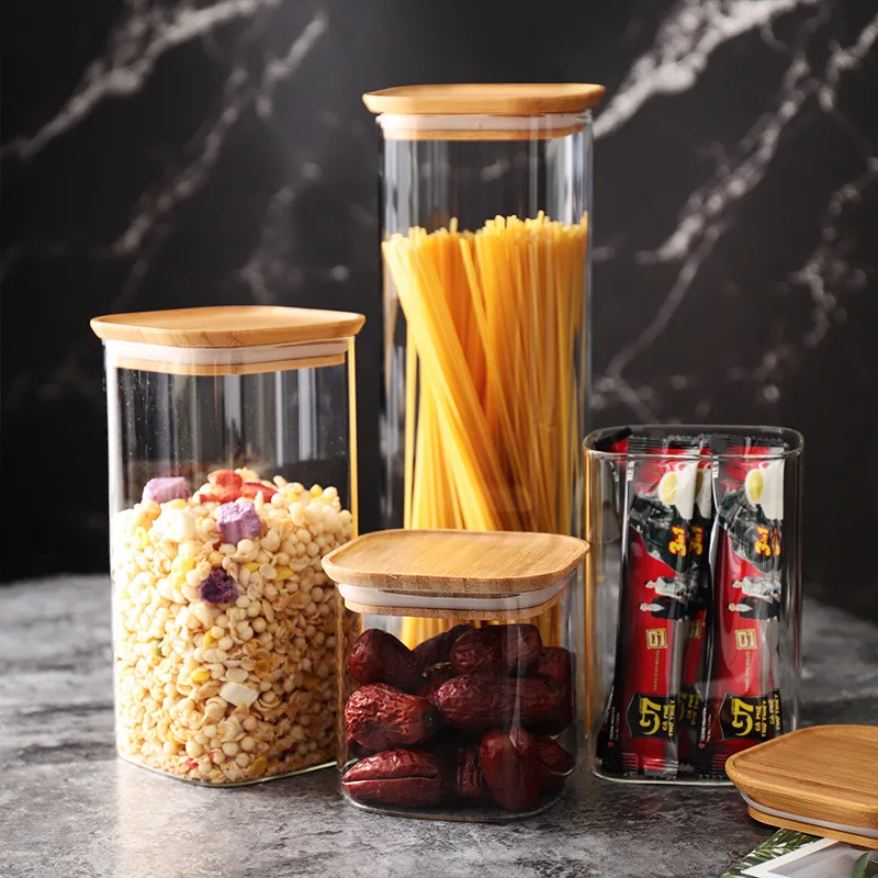 Wholesale Kitchen use clear Nut candy effervescent Square high borosilicate kitchen storage glass jars setwith lids