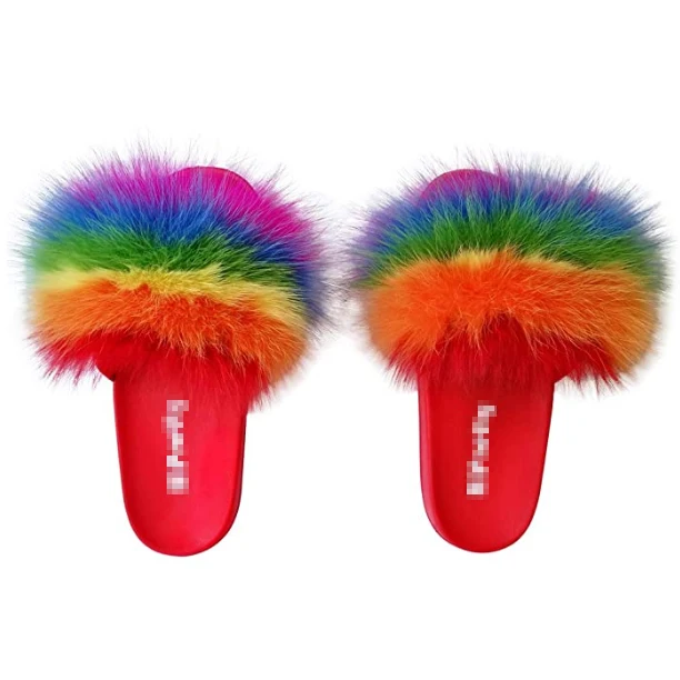 Chinese wholesale fluffy custom furry fur slides for ladies rubber summer pvc slipper raccoon fox fur slippers for women