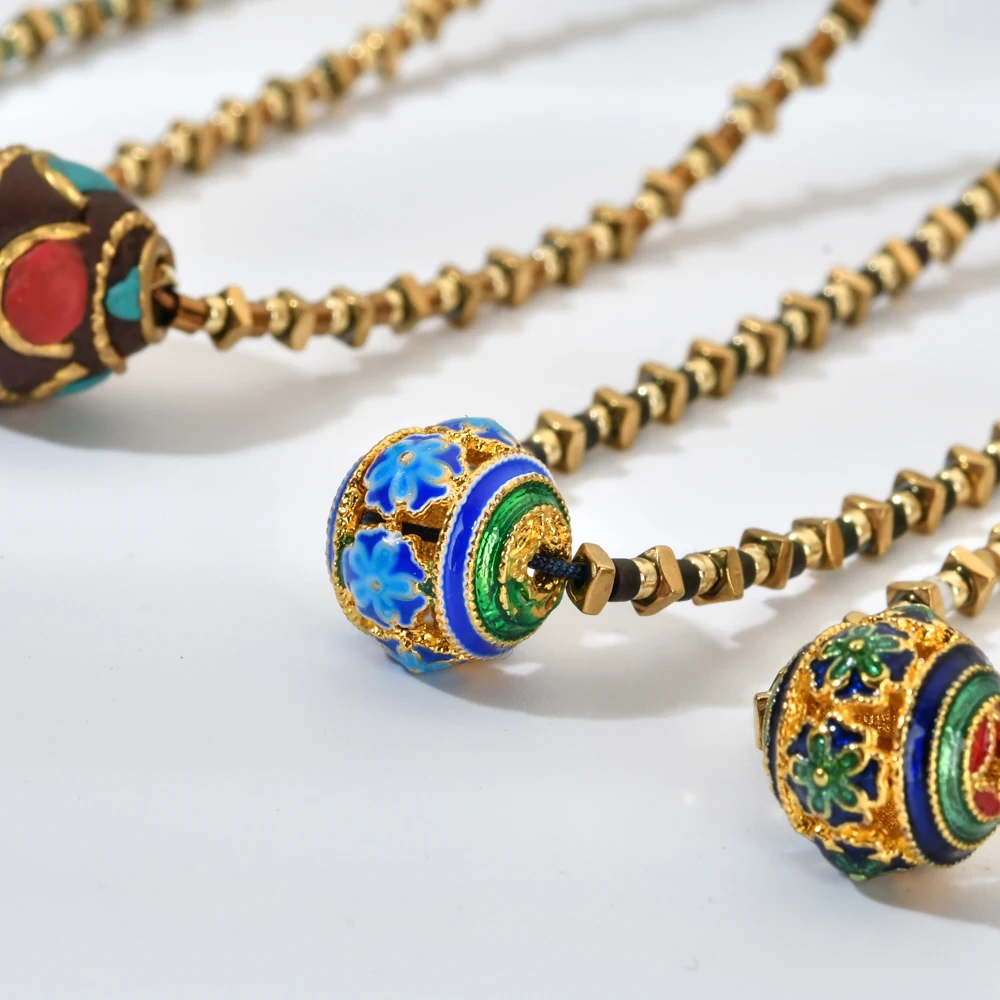 ZMZY Ancient gold Plated Retro Nepal Tibet Beads Enamel Handmade Necklace Boho Buddhist National Style Pendants Choker Gift