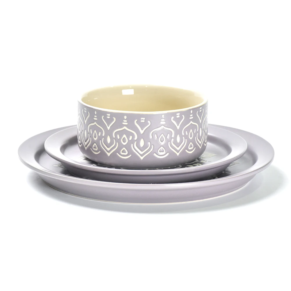 Wholesale Matt grey purple custom Stamping Ceramic Dinnerware Set