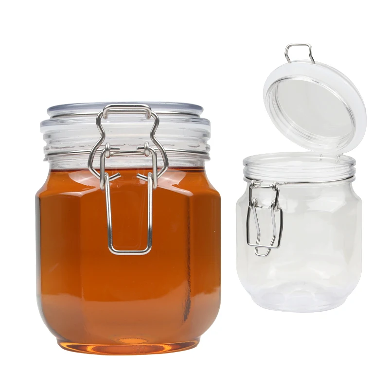 Wholesale Clear Preserve Flavor 25oz 740ml PET Seal Ring Clip Top Hexagon Linden Honey Packaging Jar