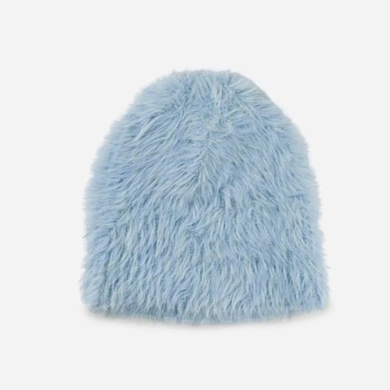 Custom Black Yellow Graphic Women Winter Knitted Hats Angola Wool Cuffed Dome Faux Fur Fuzzy Furry Beanie Cap For Female Stretch
