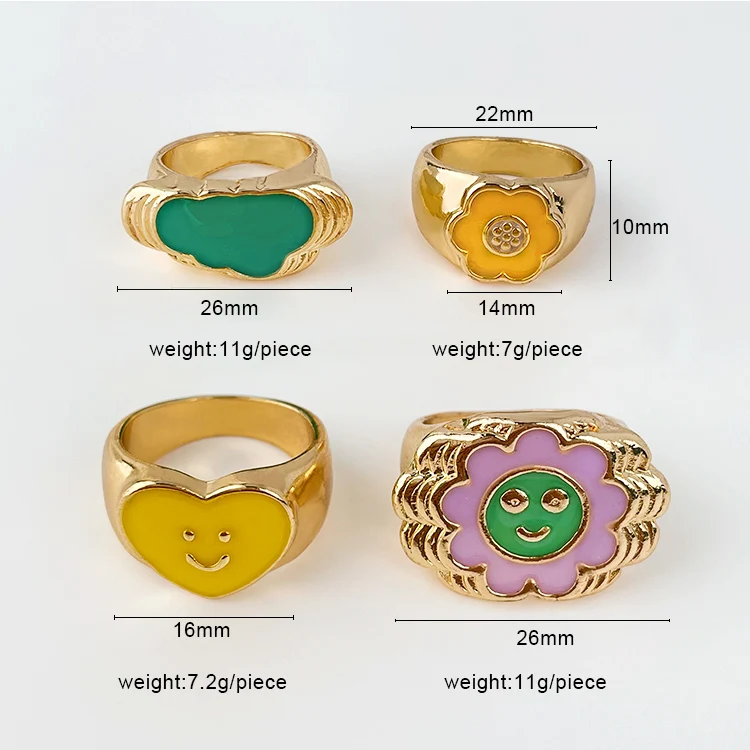 2021 New Design Cute Colorful Round Enamel cloud smile heart Rings Color brass for