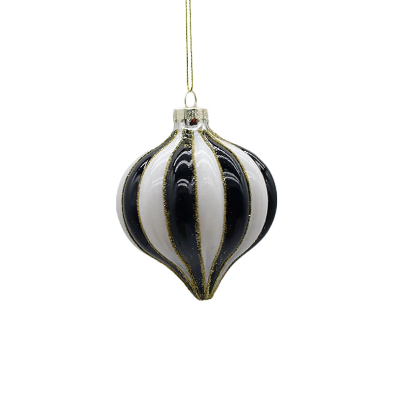 Striped Pattern Shiny Glass Onion Black And White BallsChristmas Tree Ornaments