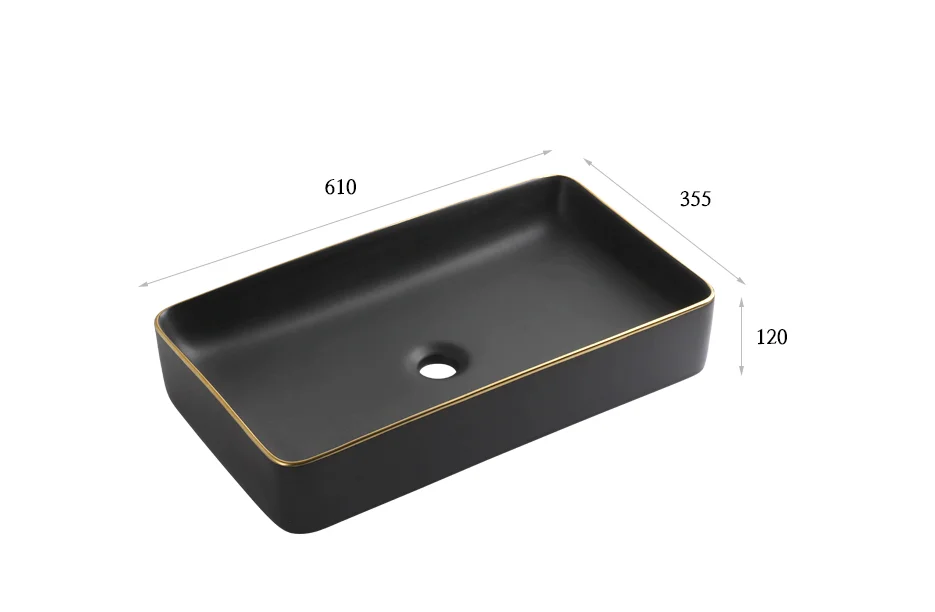 Luxury Matte Black Sanitary Ware Rectangular Art Hand Hotel Wash Basin Sink with Gold Edge