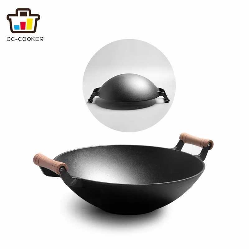 China high quality cast iron wok Cast Iron Big Wok With Wooden Lid In Stock Vegetables Oil Wok