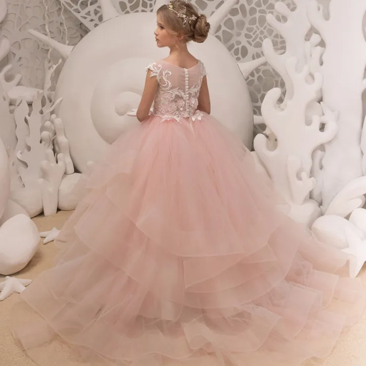 High Quality Pink Little Girls Dresses Lace Appliqued Top Tulle Flower Girls Dresses Gowns For wedding birthday age 2-13