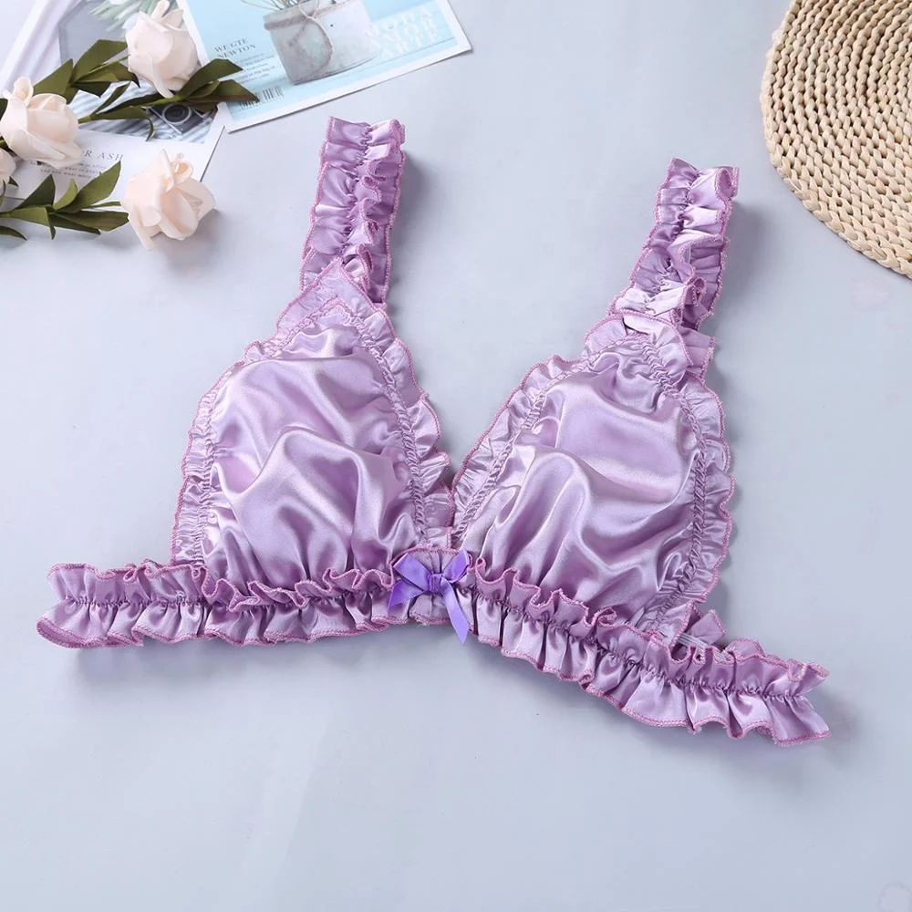 
Mens Sissy Soft Satin Sexy Lingeries Set Bikini Bra Top Open Back Briefs Underwear Elastic Frilly Ruffled Lingerie 