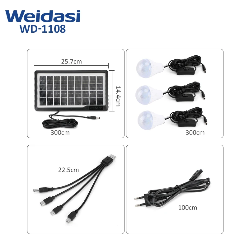Weidasi Portable Rechargeable Emergency Solar System Kits With Output Function And Solar Panel Led Lights