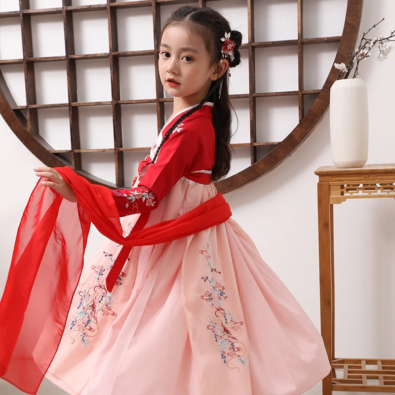 Модная Китайская одежда, детская юбка с вышивкой, комплект из 1 предмета, платье ханьфу для девочек, Детский костюм Тан