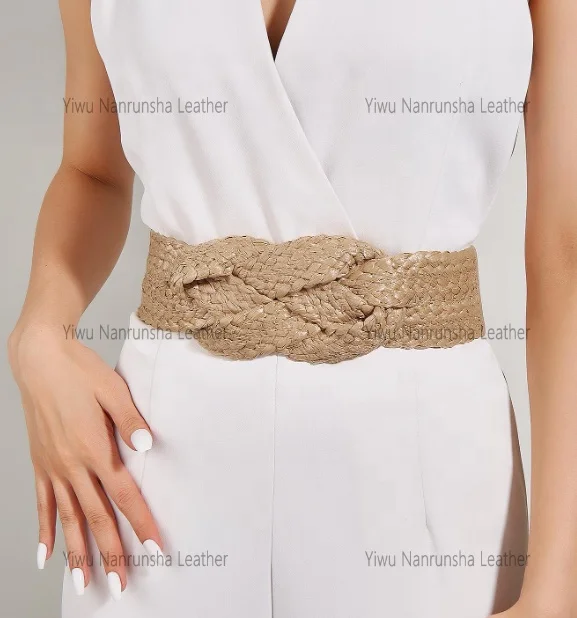 Custom Hot Sale Wide Boho Belt Dresses New Fashion PP Straw belts Rope Braiding Women Vintage Stretch Belt For Lady