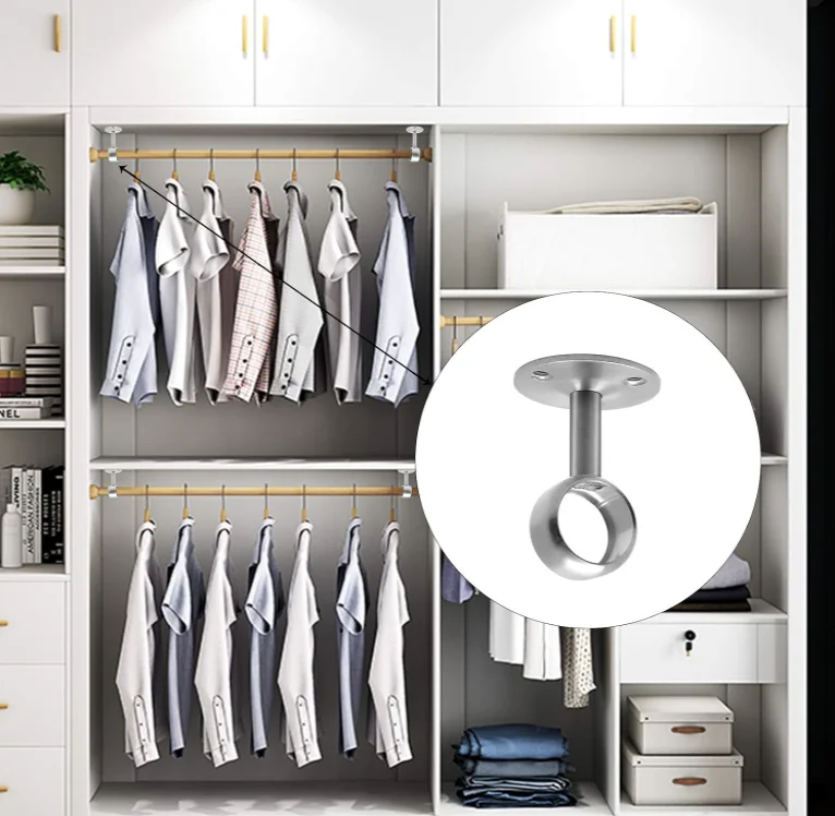 Closet Tube Pipe Flange Socket Kit Wardrobe Rail Rod Holder Closet Rod Support