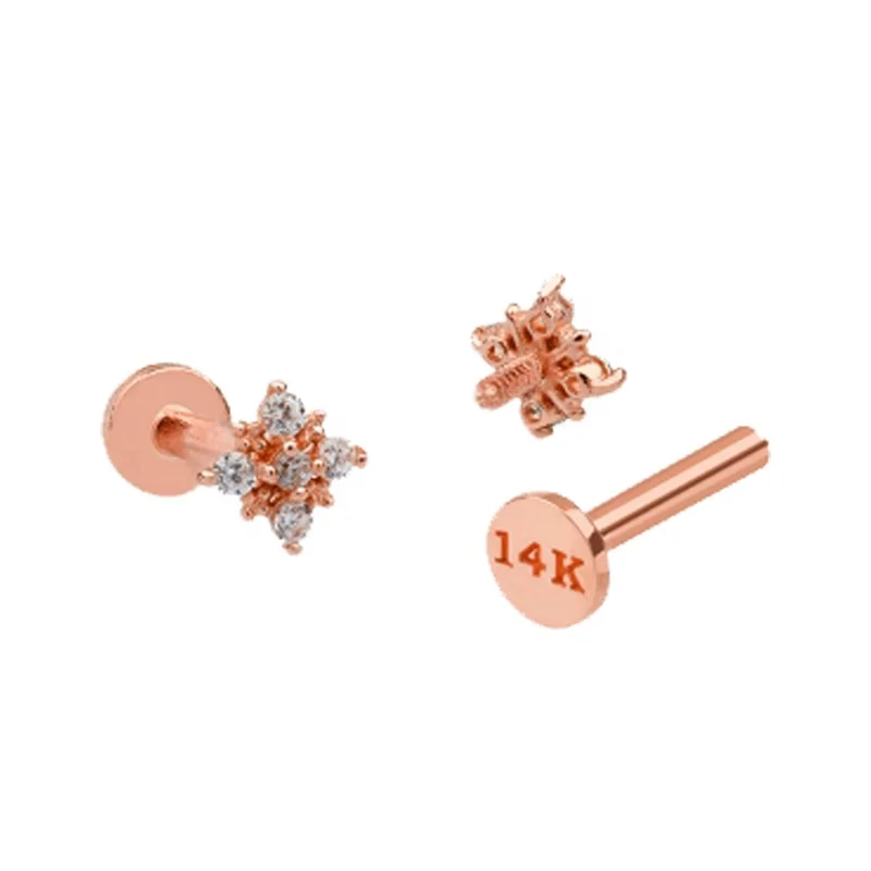 14k Solid Gold Gemmed  Threadless Labret  Stud  Helix Cartilage Lobe Tragus Daith Body Piercing Jewelry