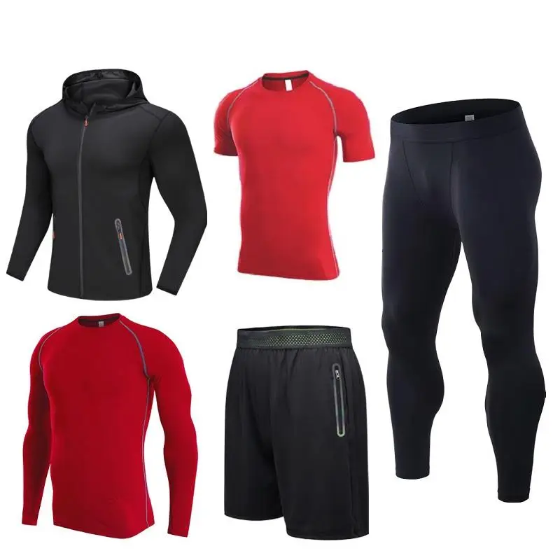 Custom Sportswear Compression Set Polyester Quick Dry Elastic 5pcs Workout Clothing Fitness Apparel Men Gym Wear
