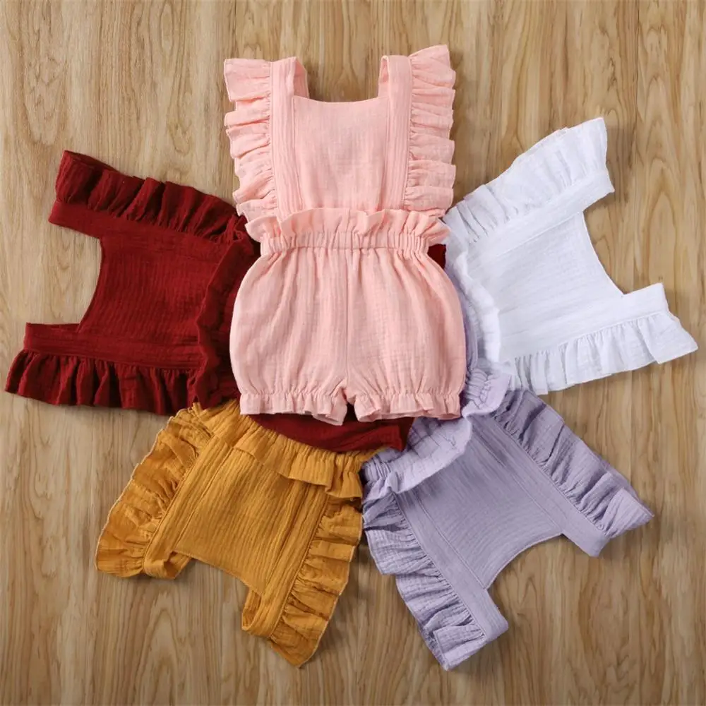 Focusnorm От 0 до 5 лет Одежда для новорожденных комплект одежды для маленьких девочек ясельного возраста, комбинезон с кружевным гофрированным воротником без рукавов, однотонное Хлопковое платье, спортивный костюм, пляжный костюм, одежда