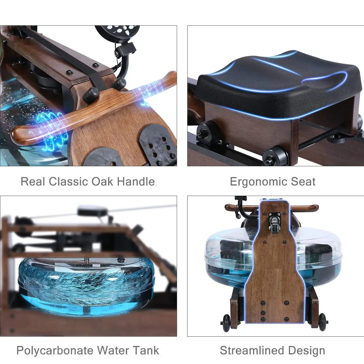 Gym Home Fitness Equipment Seated Wood Rowing Machine Wood Rower Water Folding Rowing Machine