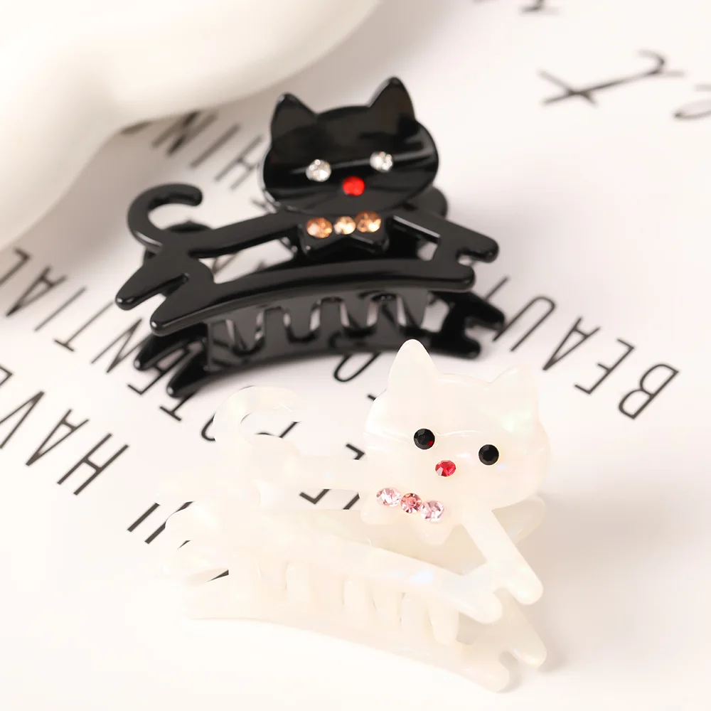Lucky Cat Acetic Acid Black Large Hair Claw Clip Acetic Acid Plate Inlaid with Diamonds Cartoon for Women Girls and Cat Lovers
