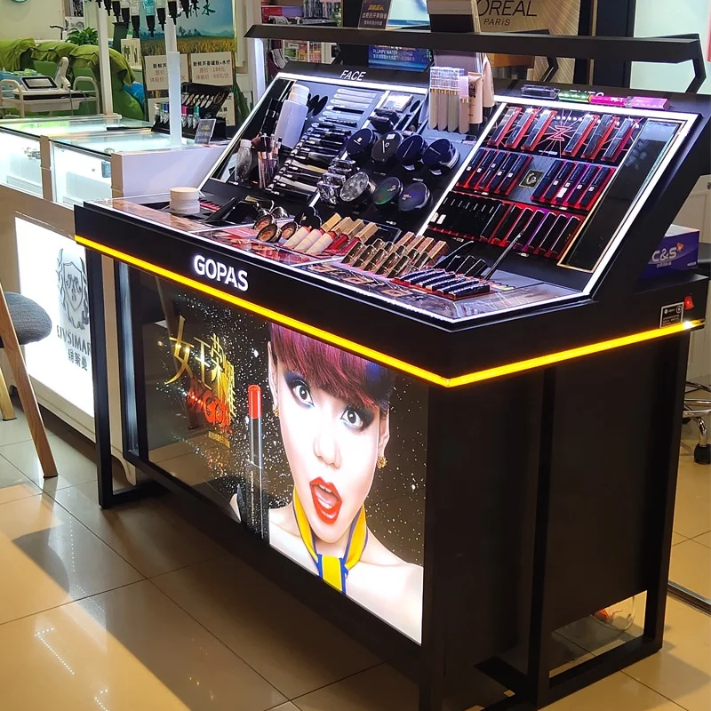Store Layout Equipment Showroom Design Wooden Showcase Makeup Floor Stand Kiosk Cosmetic Display Rack