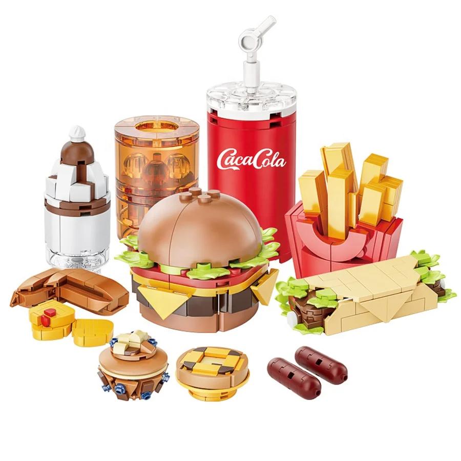 Coffee Sandwich French Fries Bread Hamburger Sets City Street View Cartoon Model Building Blocks Set Gift Toys for Kids