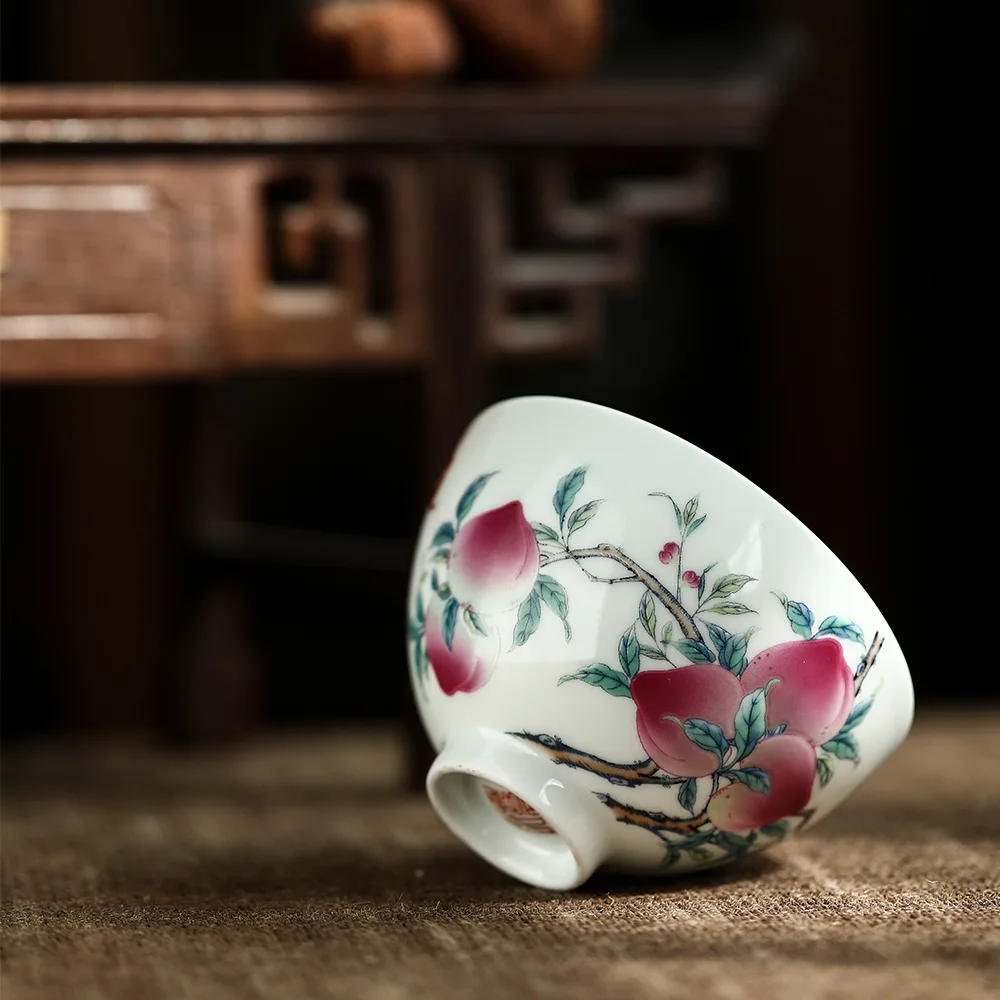 Elegant Personage Exclusive Red Oven Baked Flower Bucket Color Craft Ceramic Inside And Outside Peach Pattern Kung Fu Tea Cup