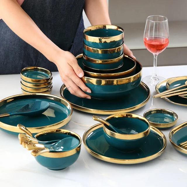 Green ceramic tableware dinnerware set Golden edge  ceramic tableware plate	japan ceramic tableware