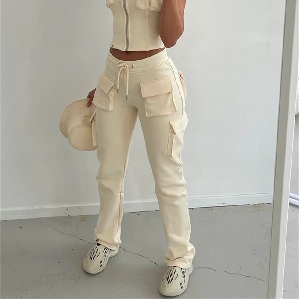 New spring style women cargo jogging workout sweat pants stacked cargo pants trousers