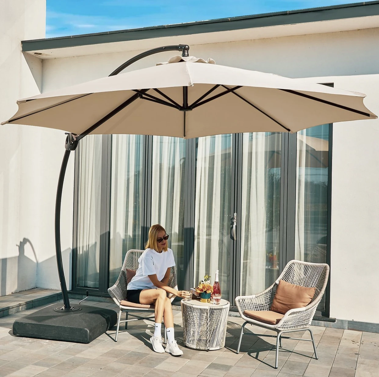 8ft Tarpaulin Beach Umbrella with Fringe Waterproof Wood Pole and Steel Frame Portable Table and Chairs Set for Garden