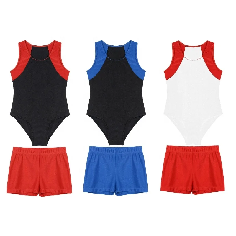 Kids Boys Custom Sleeveless sublimation gymnastic leotard Bodysuit with Shorts Set for Gymnastic Yoga