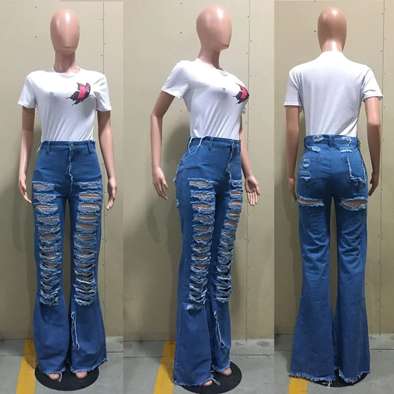 
Ripped bell bottoms horn flared jeans custom distressed denim ladies jeans fabric destroyed flare ripped jeans women 